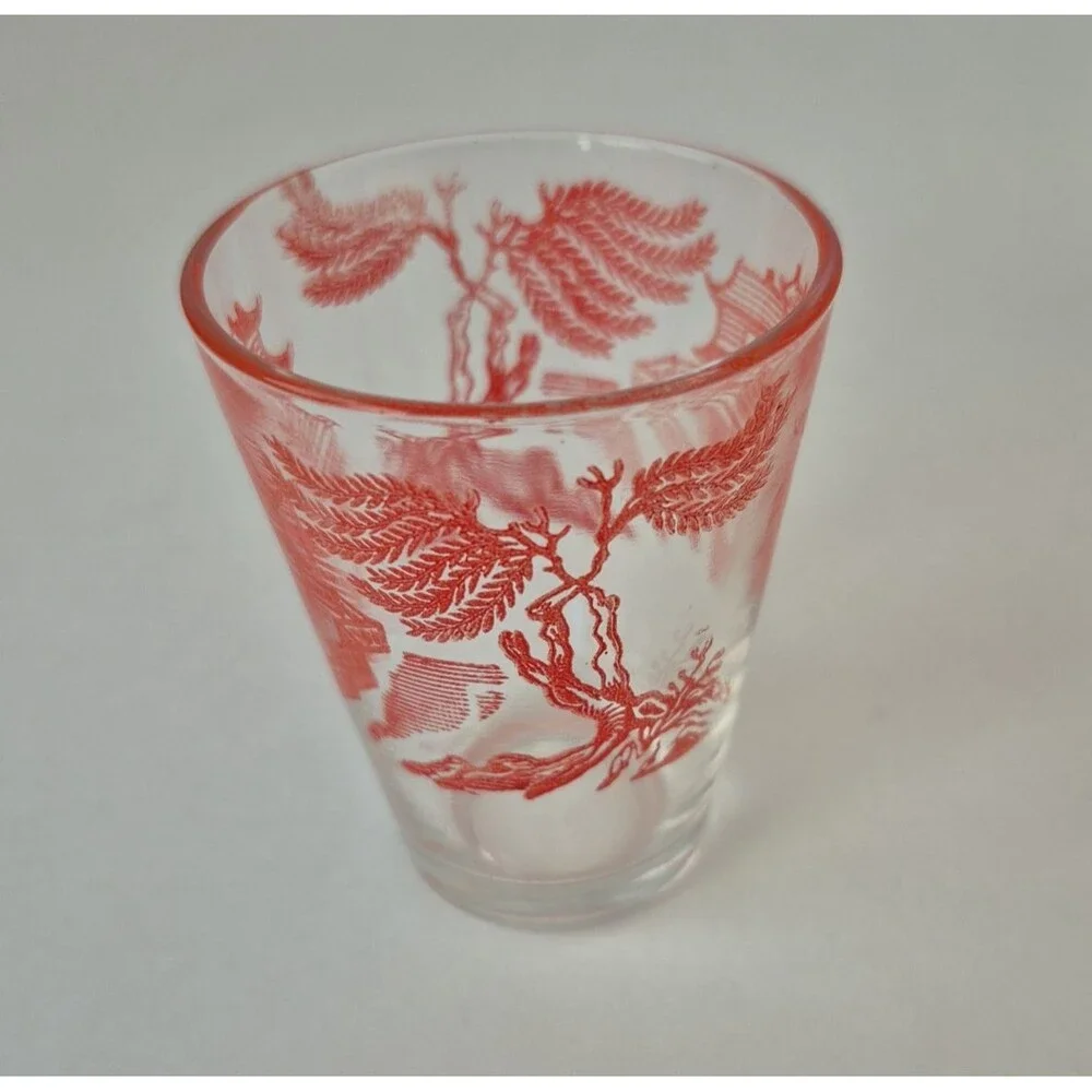 Federal Glass VTG Set of 5 Asian Pagoda Blue Willow Landscape MCM Shot Glasses
